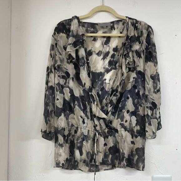 Classiques Entier Grey & White Silk Floral Print Ruffled Wrap Blouse Top Women M - Picture 1 of 10